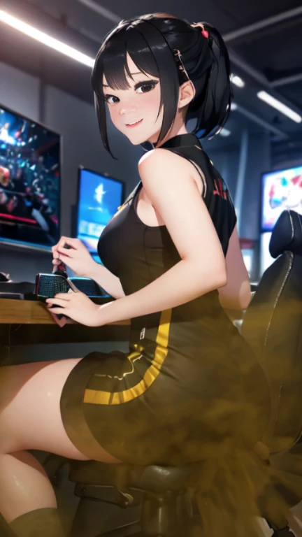 ((velocity)),Attacked by farts, (((Women farting))),(girl farting while seat on seat and playing game on smartphone)),smiled,blushing,velocity,(a female pro player), (wearing a yellow e-sport jersey and tight dress),(tighhighs),(sit facing the screen),(her buttt facing the screen) (short hair black hair),(Asian woman),(gaming tournament),(masterpiece:1.2、top-quality)、(the Extremely Detailed CG Unity 8K Wallpapers、ultra-detailliert、Best Shadows)、(细致背景)、(The best lighting、extremely delicate and beautiful)、depth of fields、1girl in、独奏、upward looking gaze、