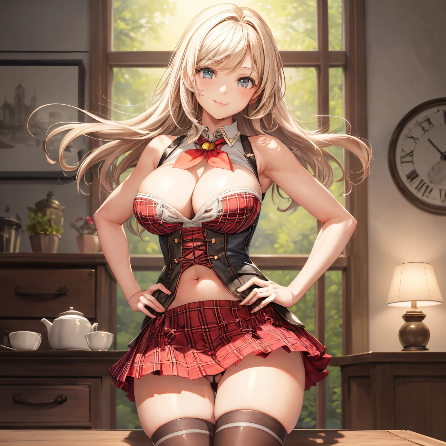 (On the table, Best quality at best:1.2), Alone, 1 girl in, ge2amiella, light smile, looking at viewert, both hands on hip, has cleavage, tartan, underbust, Elbow woods, plaid skirts, thighs, thighs, thighs, navel