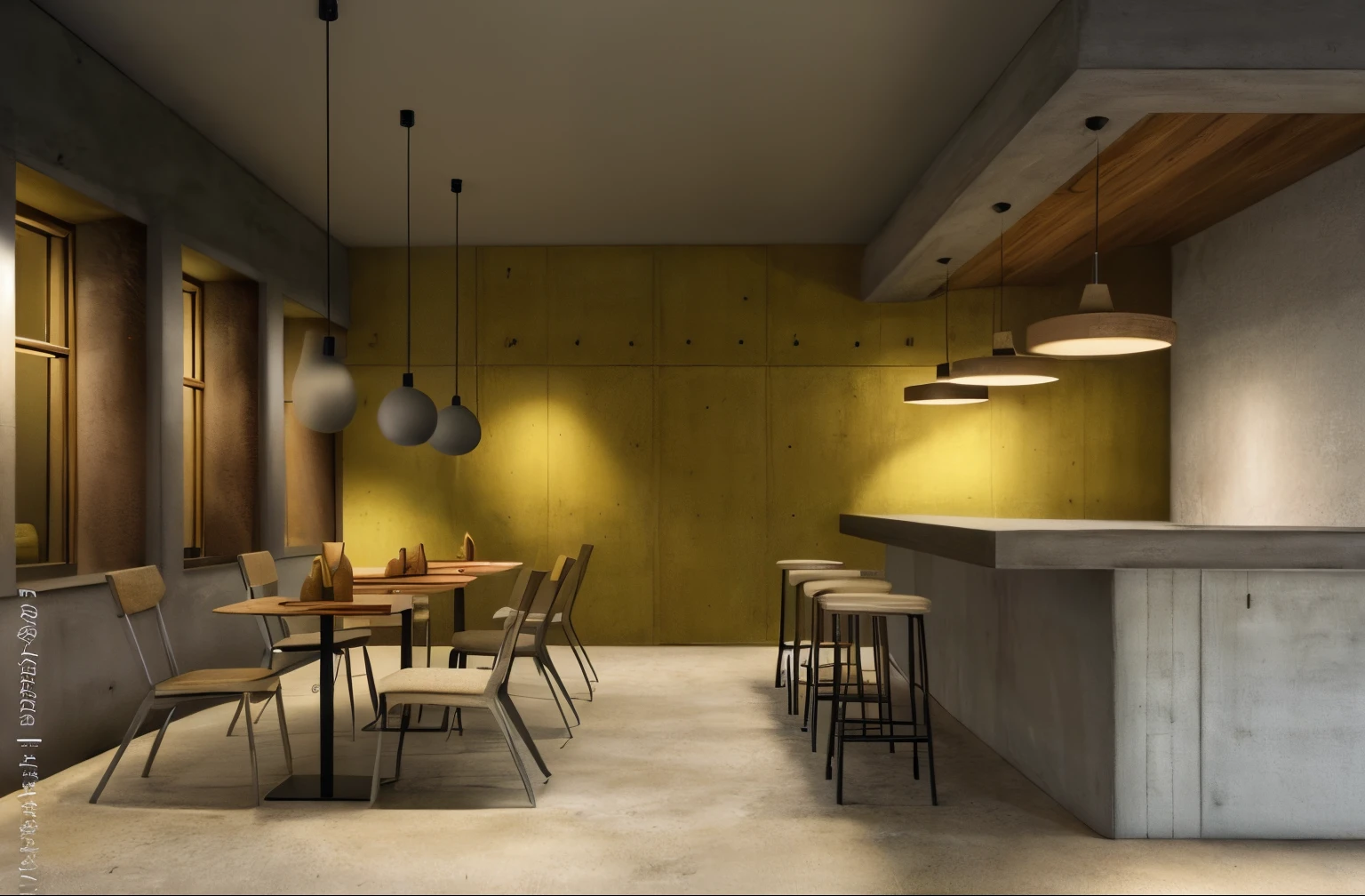 Atmosphere: Japanese modern (concrete and wood) Ceiling is pistachio or mustard color, walls are wood and concrete cloth, counter is competition cloth, wine display behind the counter, chairs are iron chairs, steel chairs, tables are wood, floor The panel is made of wood, the lighting is top light, and the overall color is dull.The colors are gray, brown, and mustard.