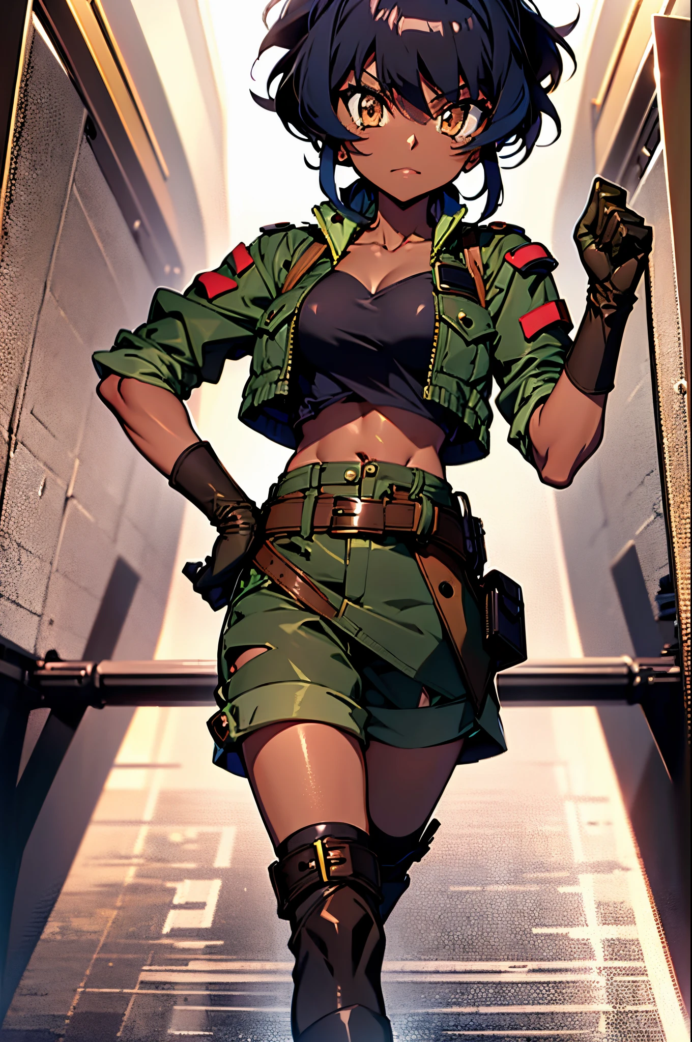 (Best quality, good anatomy, complete body, animev brown eyes) 1 girl, Selen_(Beyblade), solo, dark skin, brown eyes, black hair, short hair, black top, militar jacket, brown gloves, shorts, belt, platform boots.