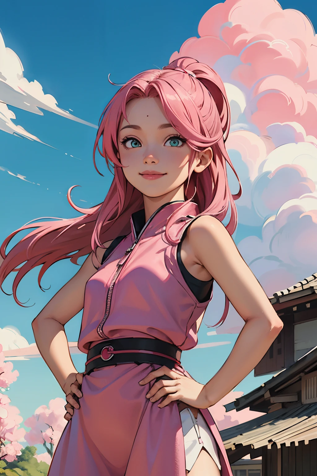 masterpiece, best quality, 1girl,(haruno sakura, pink hair, long hair, green eyes, red dress, o sign, forehead protector, smile, hands on hips, blue sky, cloud, hidden village:1) (Haruno Sakura - Naruto - Character LORA:1)