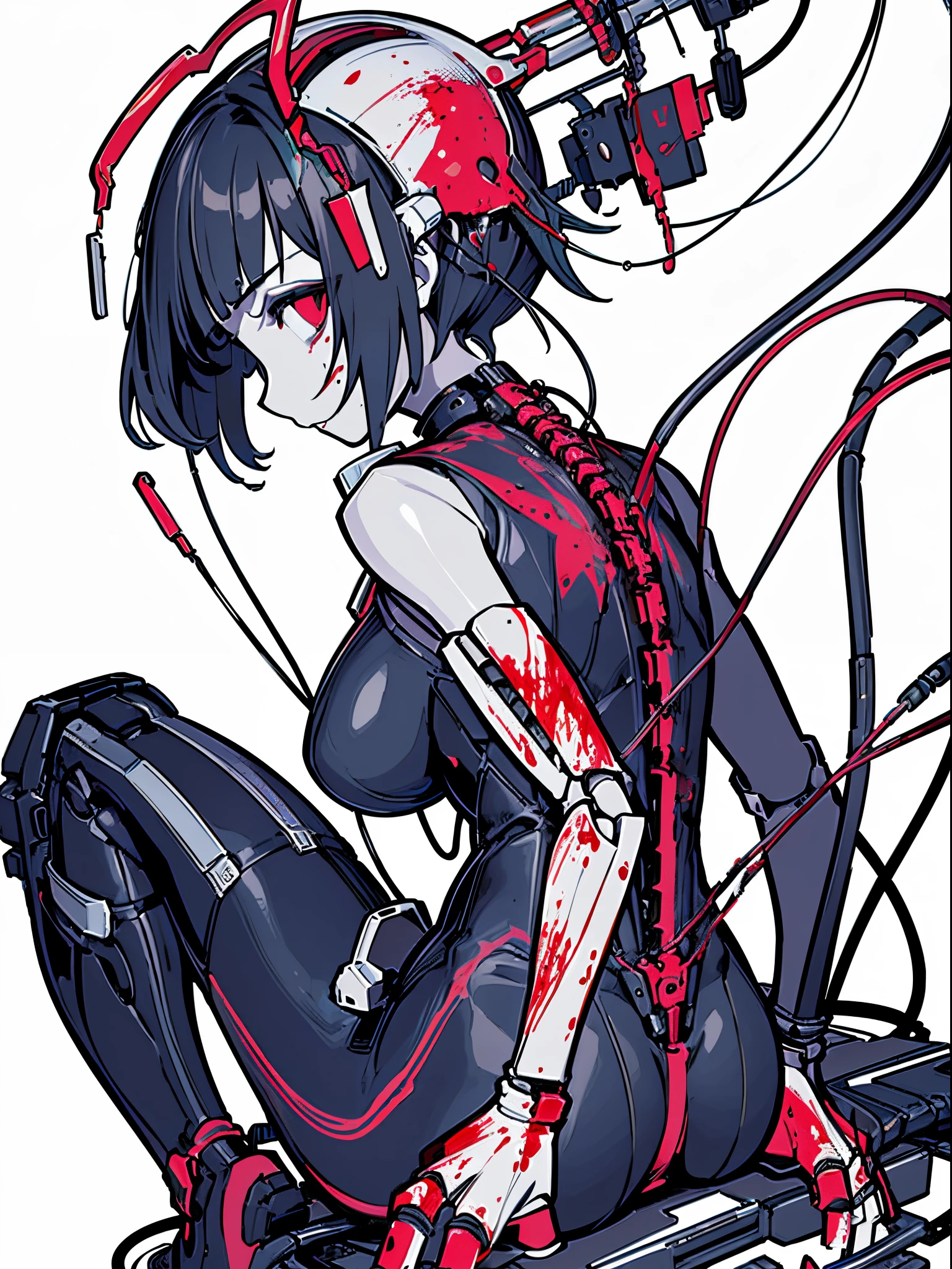 (masterpiece, top quality, best quality, official art, beautiful and aesthetic:1.2), (1girl:1.3), extreme detailed,colorful,highest detailed ((ultra-detailed)), (highly detailed CG illustration), ((an extremely delicate and beautiful)),cinematic light,((1mechanical girl)),solo,full body,(machine made joints:1.2),((machanical limbs)),(blood vessels connected to tubes),(mechanical vertebra attaching to back),((mechanical cervial attaching to neck)),(sitting),expressionless,(wires and cables attaching to neck:1.2),(wires and cables on head:1.2)(character focus),science fiction,white background,(blood:1.5)
