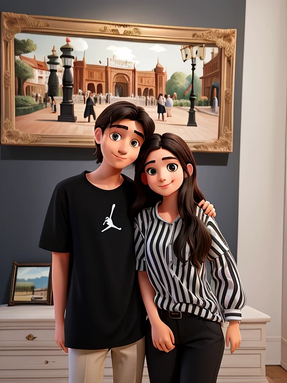 they are posing for a picture in front of a painting, the girl is stripe blouse, the color is black and white. with her long brown hair, lovely couple, the handsome boy is smiling, wearing black t-shirt with the logo of jordan., shot on nikon z9, taken with canon 5d mk4, chinese artist, happy couple, famous artist