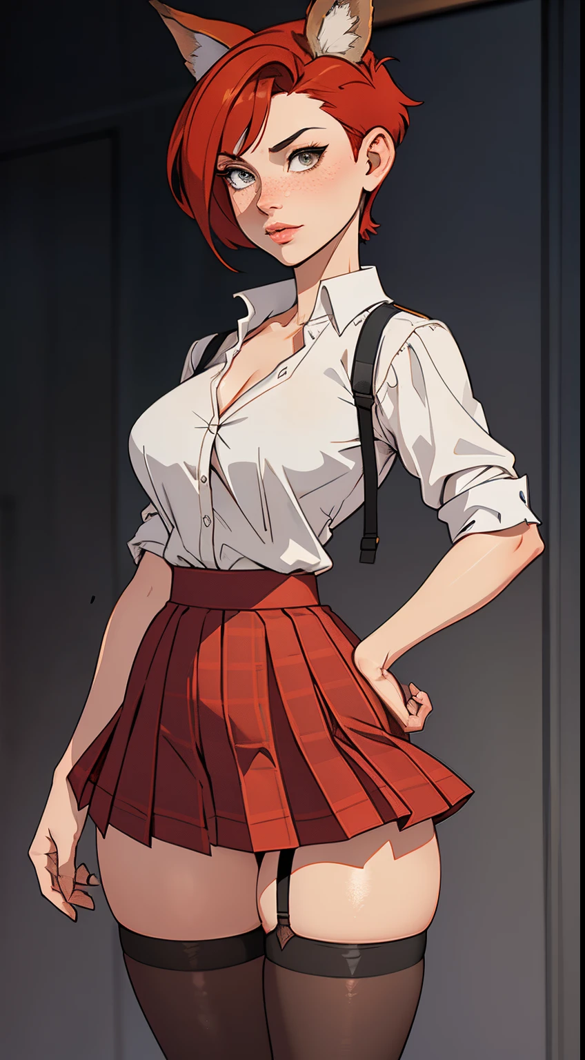 1girl, ager, solo, (short pixie cut Hair, undercut red hair: 1.28), ((light gray eyes)), some small freckles, (dark fox ears: 1.35), pale skin, large breasts, cleavage, (thin hips, thin waist: 1.25), simple background, looking away, (revealing clothes, tight unbuttoned blouse, see through blouse, pleated mini skirt, thigh high stockings, plaid b&w sneakers, school outfit: 1.11), masterpiece, best quality,3d rending work ,3DMM style, close-up, portrait, 3D,