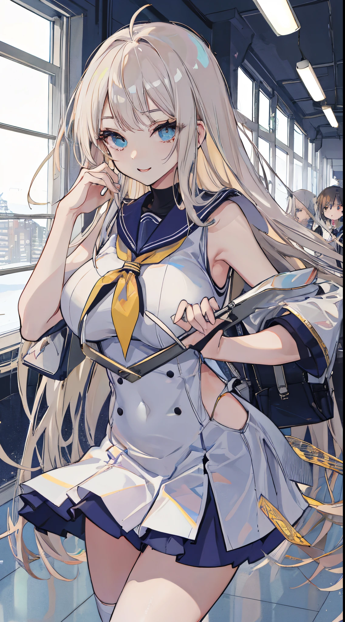 top-quality、realistic touch,high-detail、photoRealstic、 Erotic sailor suit、High school students、Long body、Sheer costumes、skirts that are too short、Not wearing underwear、big eye、long lashes、Long upper eyelashes、platinum-blonde、cute little、Beautie、A sexy、Railway Station Platforms、full body Esbian、Sparkling eyes、Submissive smile、Flushed cheeks、Kamimei、Big buttocks、thin-waist、Sleeveless、visible from the side、Sexy armpits、Voluptuous thighs、Enraptured look、Apron costume、