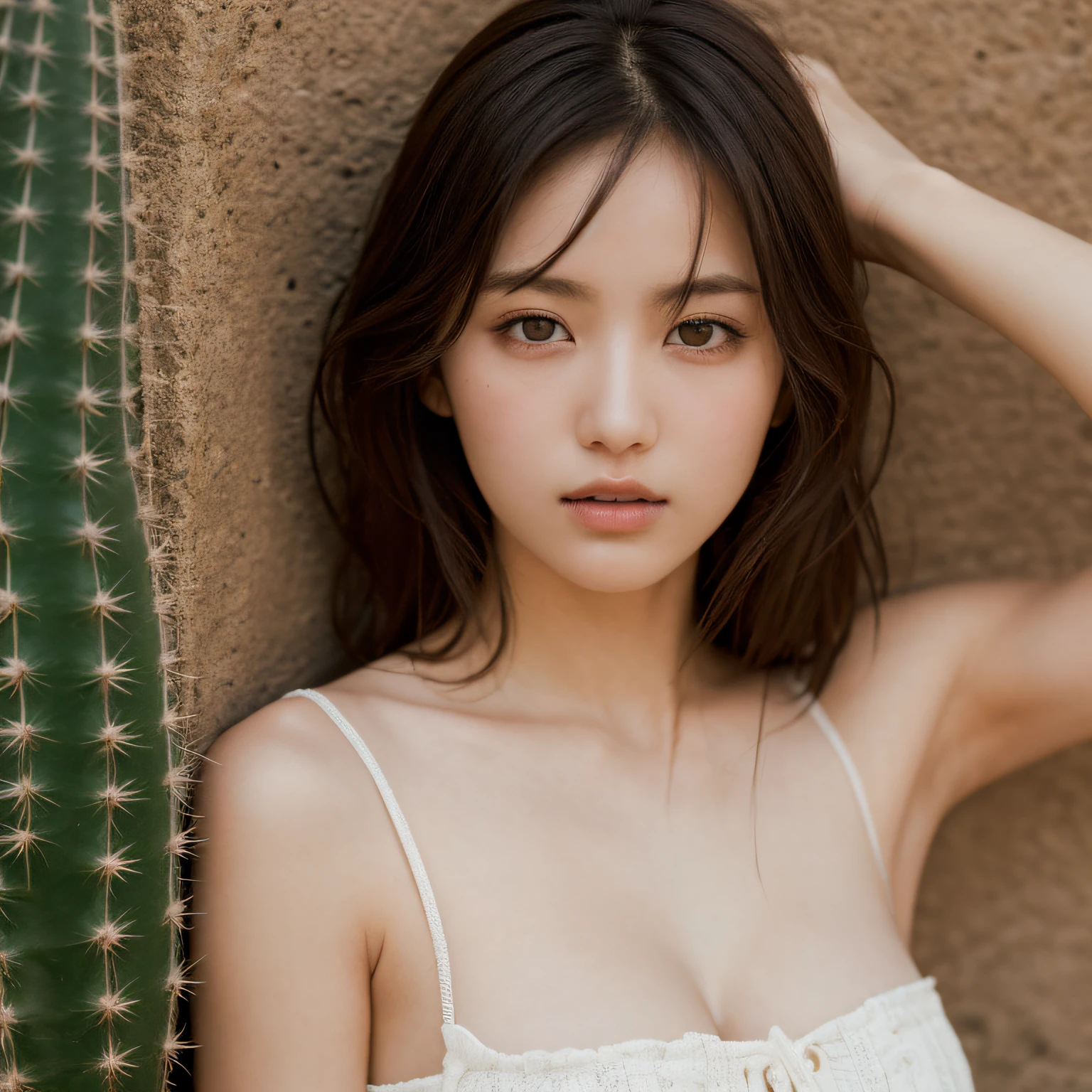 ((of the highest quality)),((masutepiece)),((Very beautiful)), unique light and shadow, One girl, hair messy, Realistic skin texture, rugged desert, cacti, Feminine pose