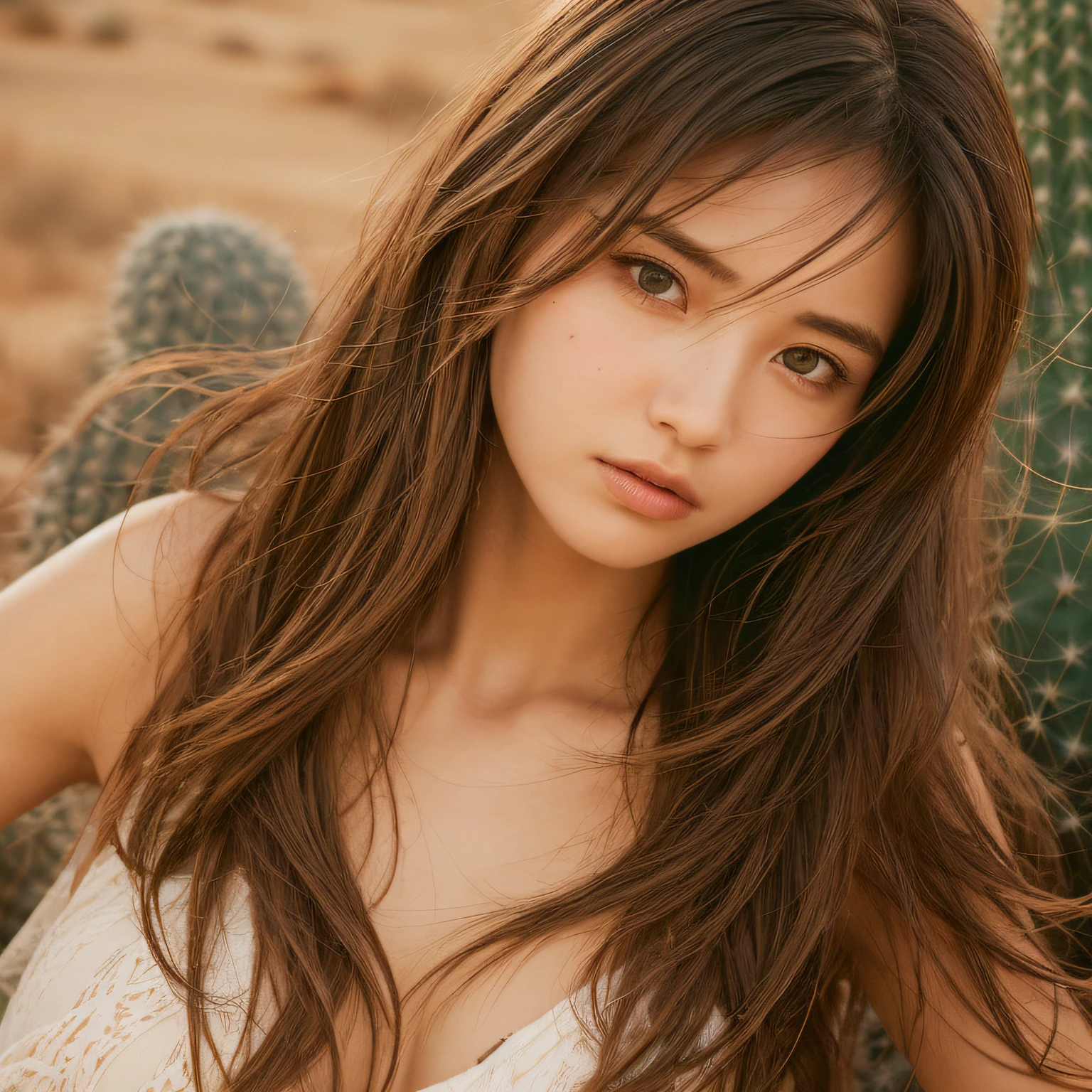 ((of the highest quality)),((masutepiece)),((Very beautiful)), unique light and shadow, One girl, hair messy, Realistic skin texture, rugged desert, cacti, Feminine pose