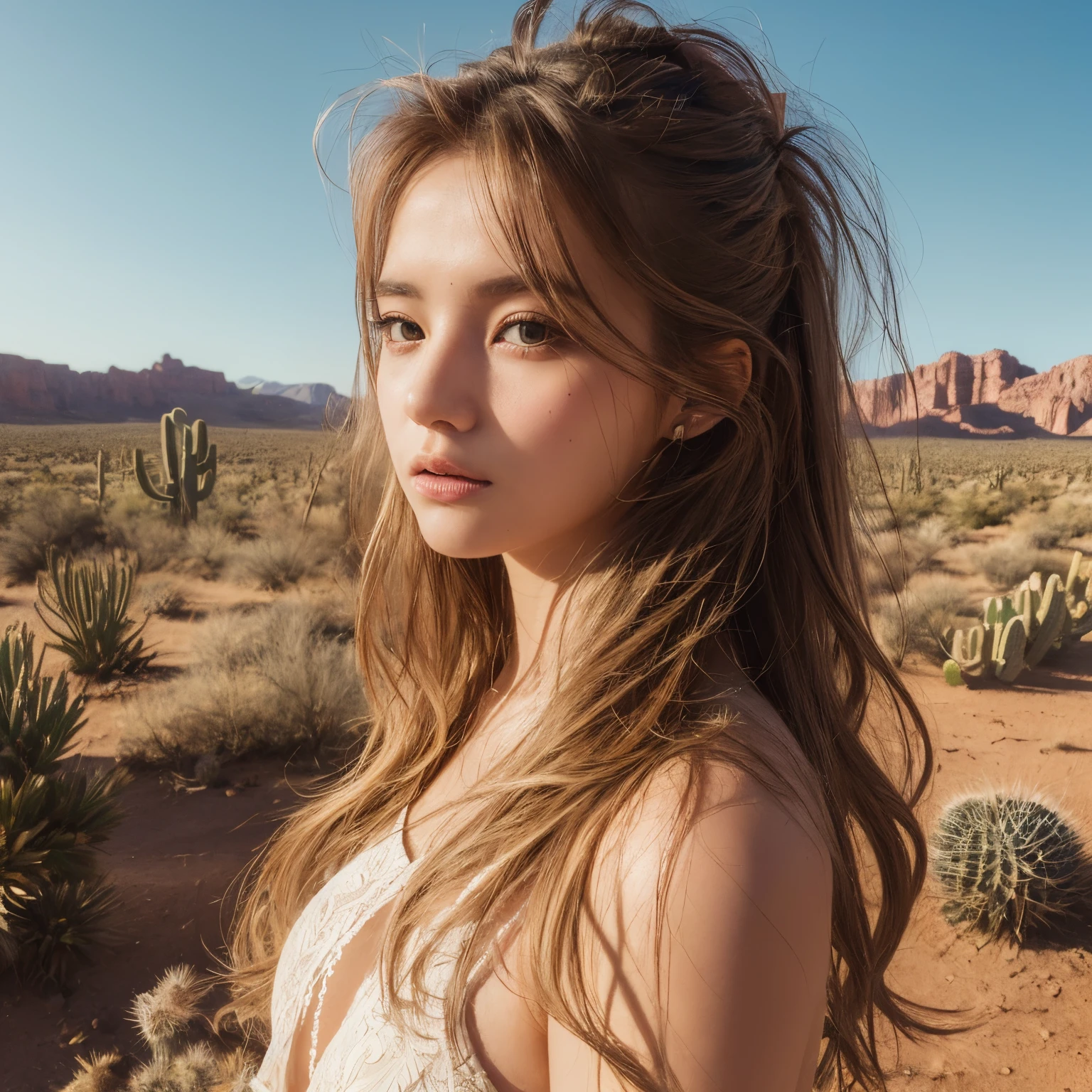 ((Top quality)),((Masterpiece)),((Very beautiful)), Distinctive light and shadow, One girl, Messy hair, Realistic skin texture, Rugged desert, Cactus, Feminine pose