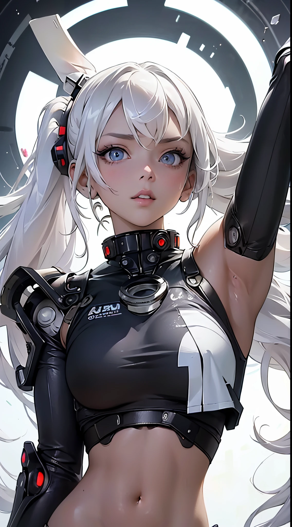 (masterpiece, top quality, best quality, official art, beautiful and aesthetic:1.2), full body, Beautiful young girl looking at camera, ((fisheye photo)), perfect detailed face, cyberpunk blurry background, futuristic cyber soldier sexy outfit, underwear detailed muscles realistic masterpiece gigantic breasts, hardnipples protruding, Ecchi, young sexy cyborg Lolita girl,shot from above, perfect legs, perfect arms perfect eyes, ((long white hair with 2 ponytails)),  huge eyes,