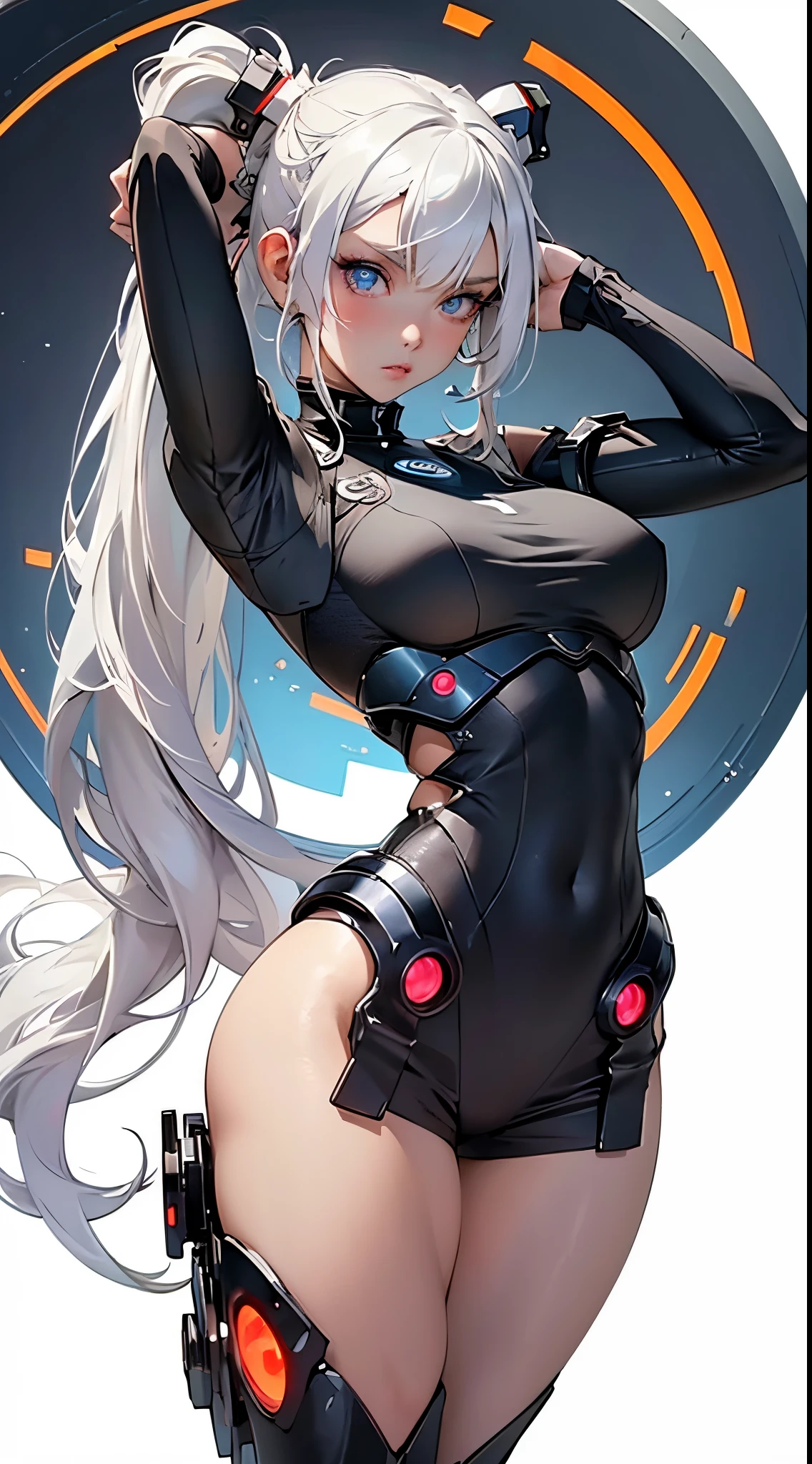 (masterpiece, top quality, best quality, official art, beautiful and aesthetic:1.2), full body, Beautiful young girl looking at camera, ((fisheye photo)), perfect detailed face, cyberpunk blurry background, futuristic cyber soldier sexy outfit, underwear detailed muscles realistic masterpiece gigantic breasts, hardnipples protruding, Ecchi, young sexy cyborg ta girl,shot from above, perfect legs, perfect arms perfect eyes, ((long white hair with 2 ponytails)), huge eyes,
