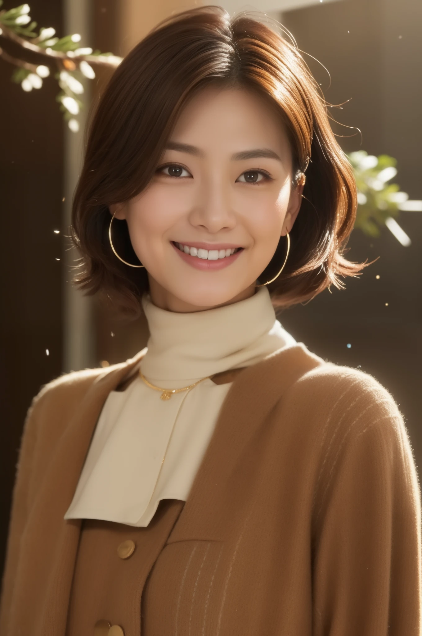 ((top-quality、in 8K、masterpiece:1.3))、foco nítido:1.2、Beautiful 50 year old woman with perfect figure:1.4、(Layered Hair Style:1.2))、(wearing a thick brown coat:1.3)、Earrings and necklaces:1.1、Highly detailed facial and skin texture、A detailed eye、二重まぶた、lovely smile、Midwinter town