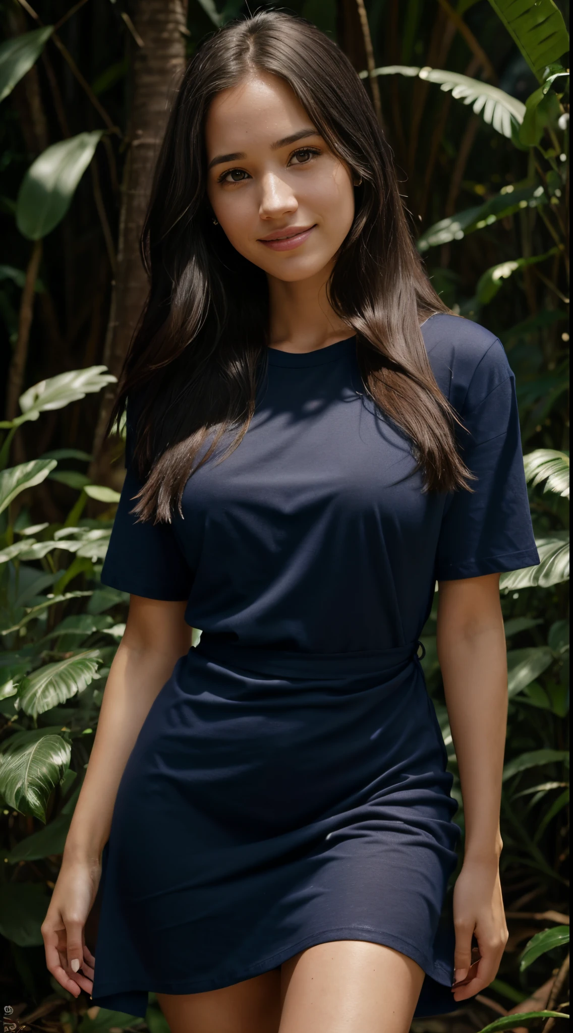 smiling woman wearing a blue shirt with khakis shorts, south east asian with round face, jen zee-xue han-lei min-zhouxin ye-yun ling-qiu fang-mei ling zhou-jiyun chae-wenfei ye-yuxiang chen-wei wang-kan liu merged, entire body visible, full body, hyperrealistic, real human skin, best quality, 8K, masterpiece, extremely intricate, detailed eyes, detailed face, detailed body, exaggerated features, pronounced features, fujifilm copper tanned skin, black hair in a ponytail, diminutive, petite, tiny, standing outside of suburban home