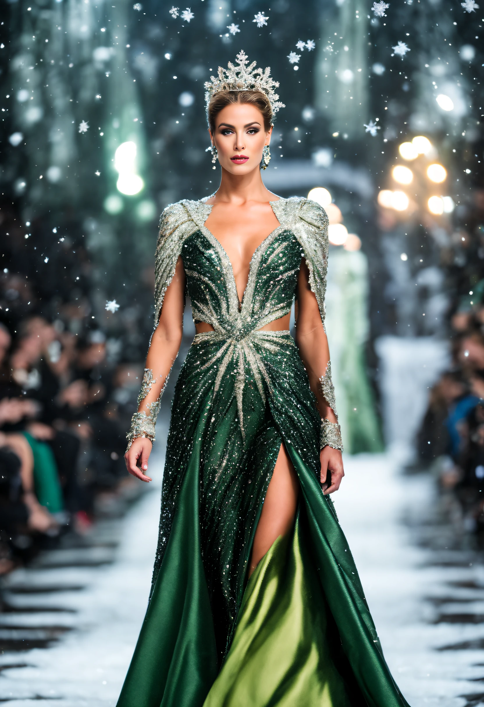 (Best quality,1.2),Ultra-detailed,(Realstic,photoreallistic:1.37),Photo of the fashion show,retrô,luxueux,Scène de couleur vert émeraude and dorée,(Flocon de neige,oceanic,stellaire) fond avec des flocons de neige,stars,long shot,texture de la photo,create this image.