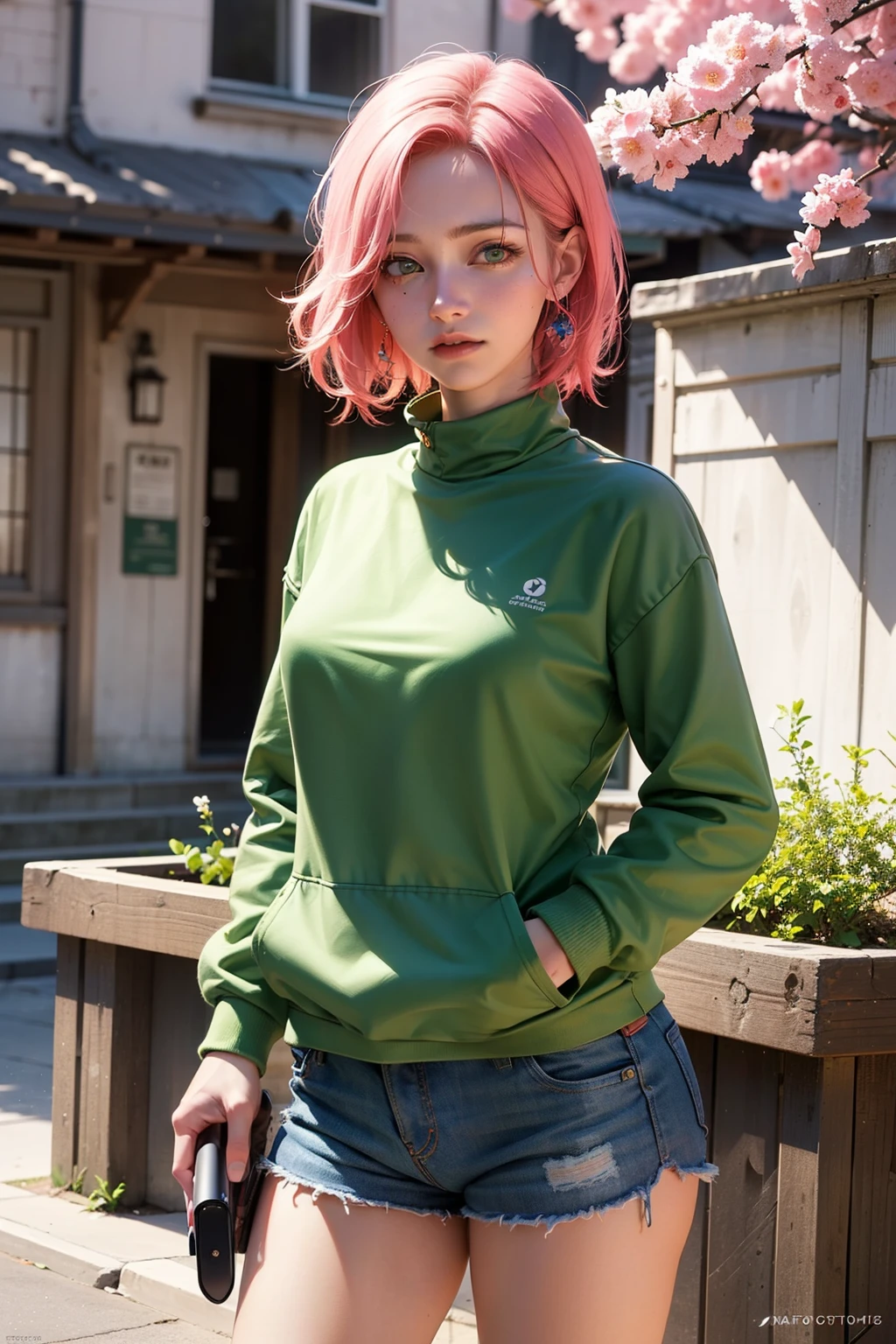 (Best Quality:1.4), (Unparalleled Masterpiece), (Ultra High Definition), (Ultra Realistic 8k CG), (Photorealistic:1.4), upper body, Realistic, Cinematic Light, 16 Year Old Girl, (1 Girl), Solo, Sakura Haruno, Sakura Naruto, Cool Pose, Perfect Body, Green Eyes, Pink Hair, sexy top, shorts, hands in pocket