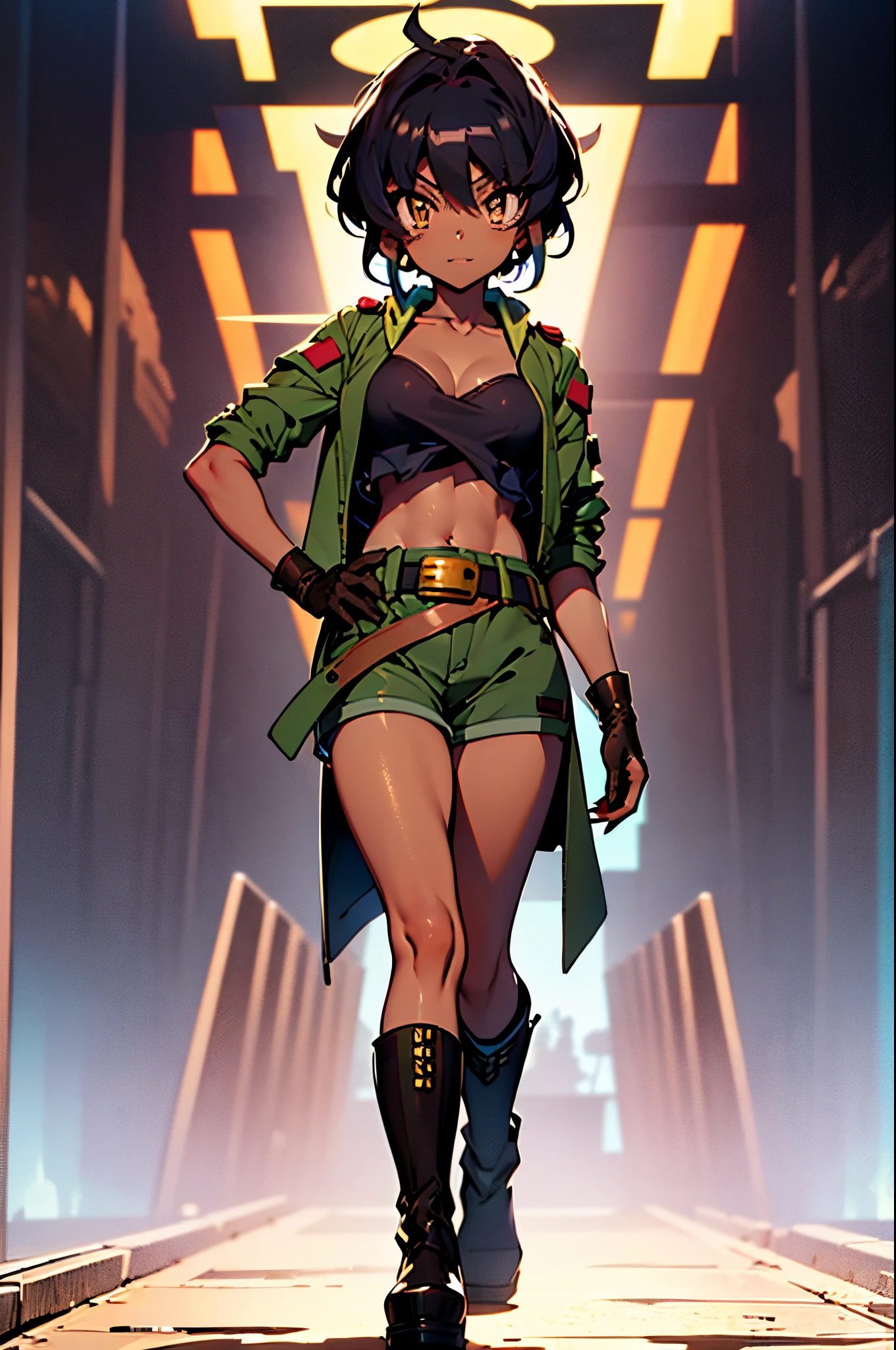 (Best quality, good anatomy, complete body, animev brown eyes) 1 girl, Selen_(Beyblade), solo, dark skin, brown eyes, black hair, short hair, black top, militar jacket, brown gloves, shorts, belt, platform boots.