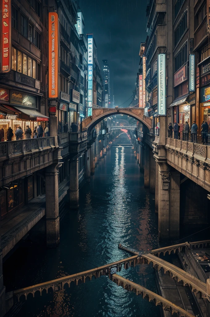 ((masterpiece)),((best quality)),((high detail)),((realistic,)) Futurist era city, deep gorges in the middle, architectural streets, bazaars, bridges, cyberpunk, European architecture, rainy night, neon, futuristic motorcycle