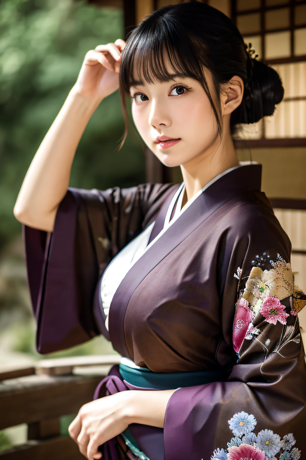 dark colored kimono、kyoto、top-quality、realisitic、（faded texture）、in 8K、Detailed skin、Young Asian、18year old、ultra-detailliert、hight resolution、profetional lighting、Colossal tits、
