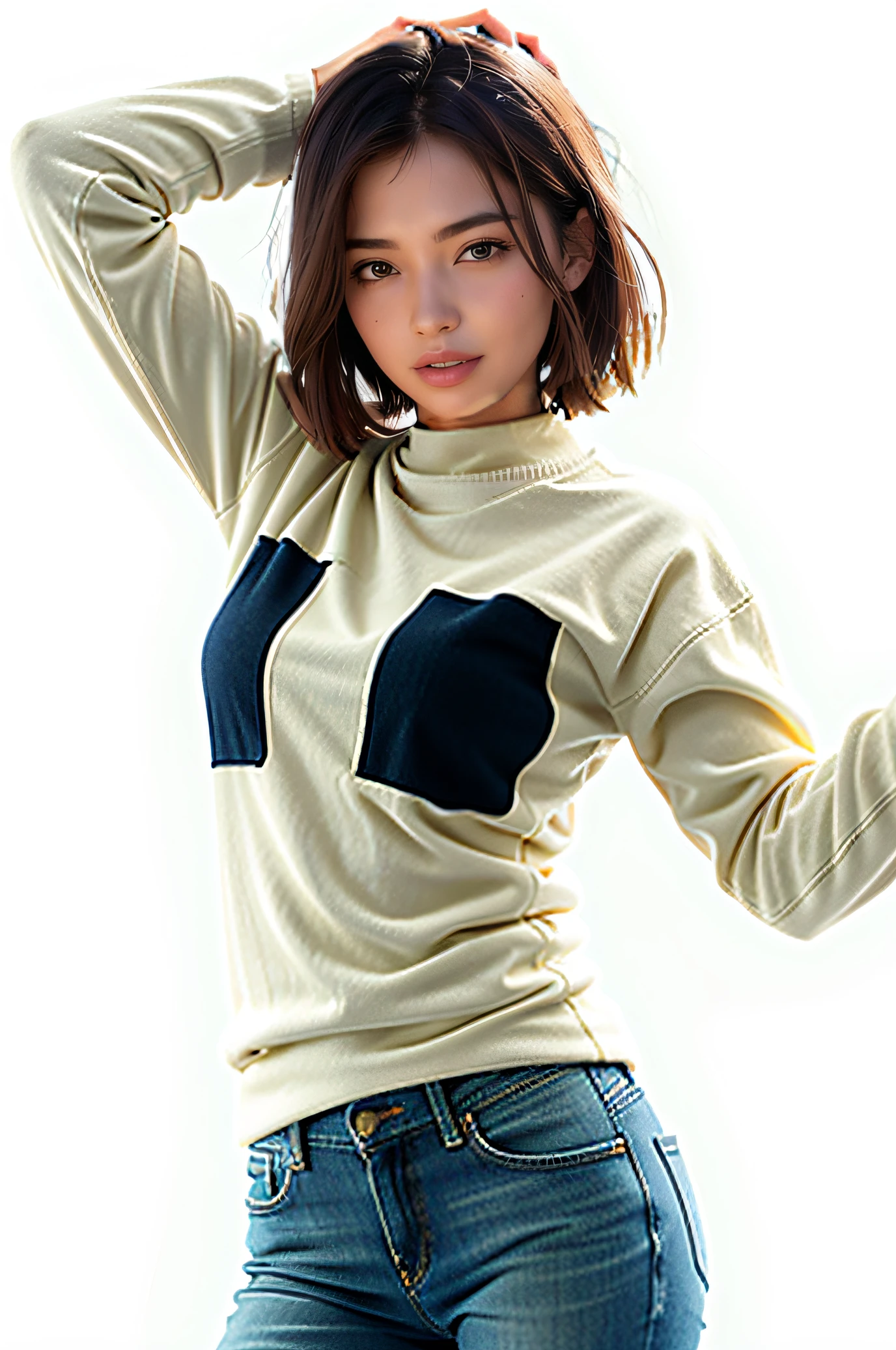 jeans, Large white sweater, standing naturally,