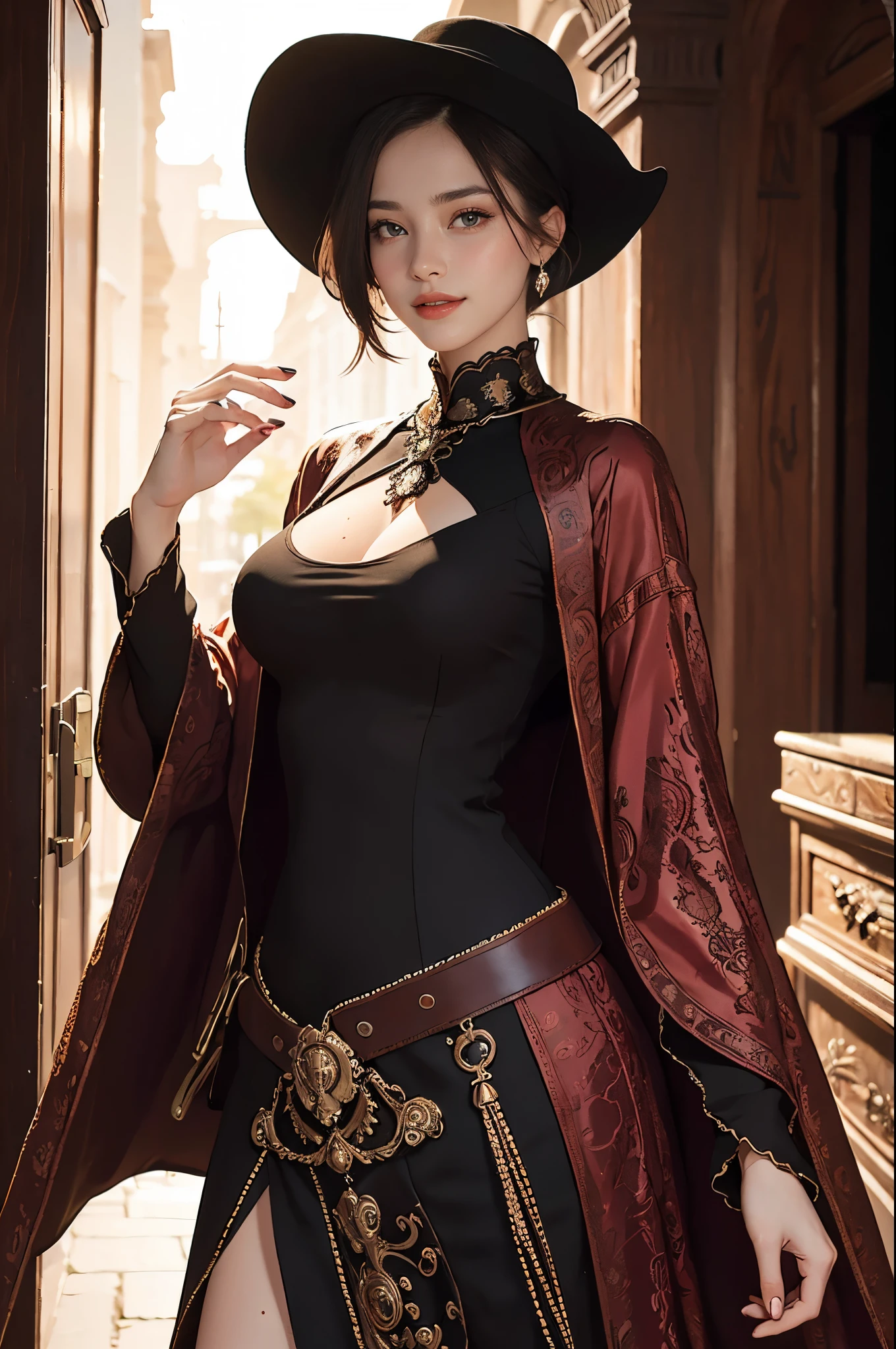 (ultra-detailed), best quality, cinematic light, (finerly detailed face:1.2),beautiful detailed eyes,beautiful detailed lips,longeyelashes, narrow waist, slender, smooth skin,radiant skin,vivid colors,soft lighting,portrait photography, (cowboy shot:1.3),Rembrandt lighting, 1 woman,(smiling:1.2), (large breasts:1.27), (looking at viewer:1.2), short bob hair, BREAK (black theme), (antique style:1.5), Long_chic_dress, BREAK (red theme), long_wool_coat,