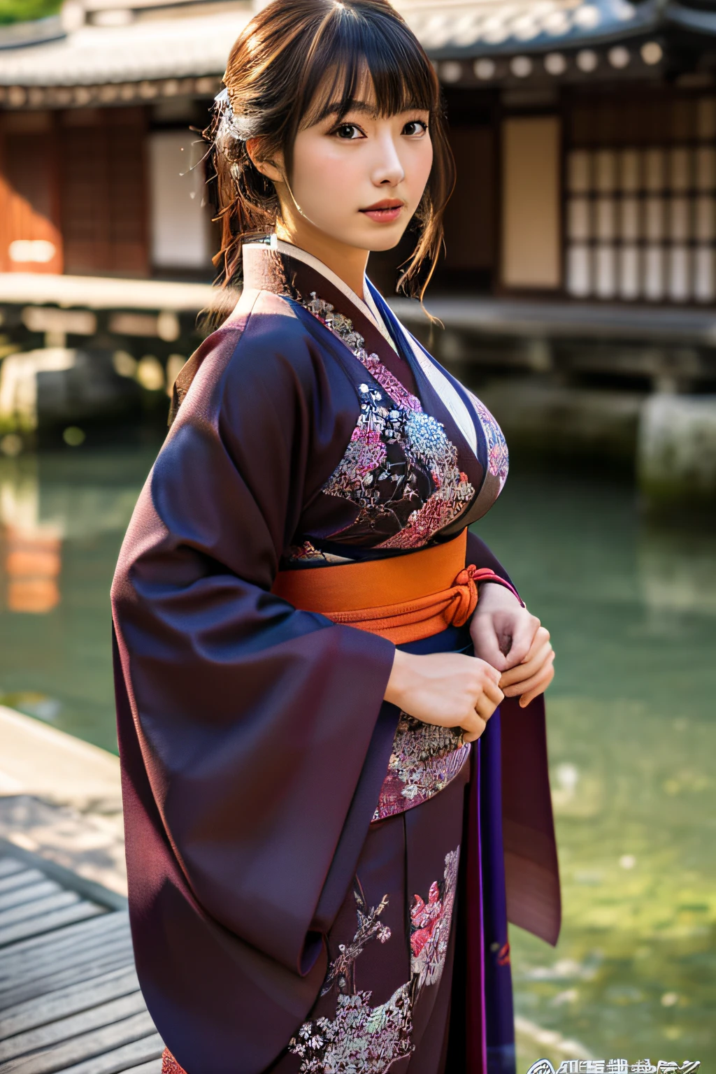 dark colored kimono、kyoto、top-quality、realisitic、(faded texture)、in 8K、Detailed skin、Young Asian、18year old、ultra-detailliert、hight resolution、profetional lighting、Colossal tits、
