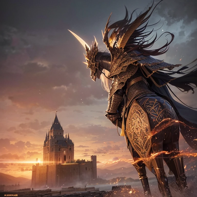 (best quality,4k,8k,highres,masterpiece:1.2),ultra-detailed,(realistic,photorealistic,photo-realistic:1.37),medieval knight,glowing fiery sword,rusty armor,dragon in the background,ancient castle,cobwebs hanging from the walls,moat filled with crystal clear water,moonlit night,heavy rain,sparkling drops of water,thunderstorm,sword covered in intricate engravings,hardened warrior,helmet adorned with feathers,reflection of flames in the knight's eyes,misty fog surrounding the castle,towering stone walls,tattered cape flowing in the wind,battle scars on the knight's face,stormy sky with dark clouds,shadows dancing in the moonlight,towering spires of the castle,torrential downpour,smoke billowing from the charred ground,victorious posture,exquisite attention to detail,shimmering armor,stoic expression,heroic stance,armor reflecting the moonlight,ancient artifact hidden in the castle,vivid colors,glowing embers,ominous atmosphere,majestic presence,powerful aura.