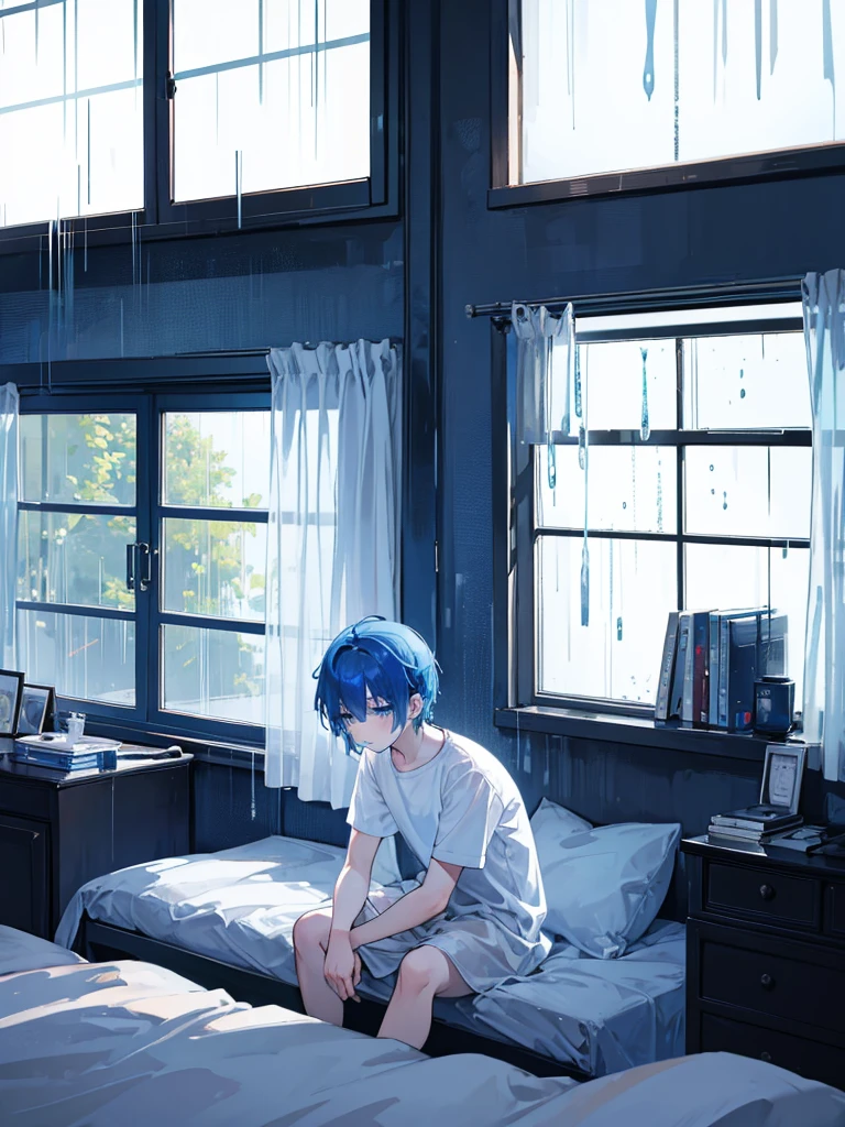 A sad alone depressed boy sleeping, sitting on his bed,watching over the window on his side where it is heavily raining.alone in his room sleeping,sitting and standing.blue hair blue eyes