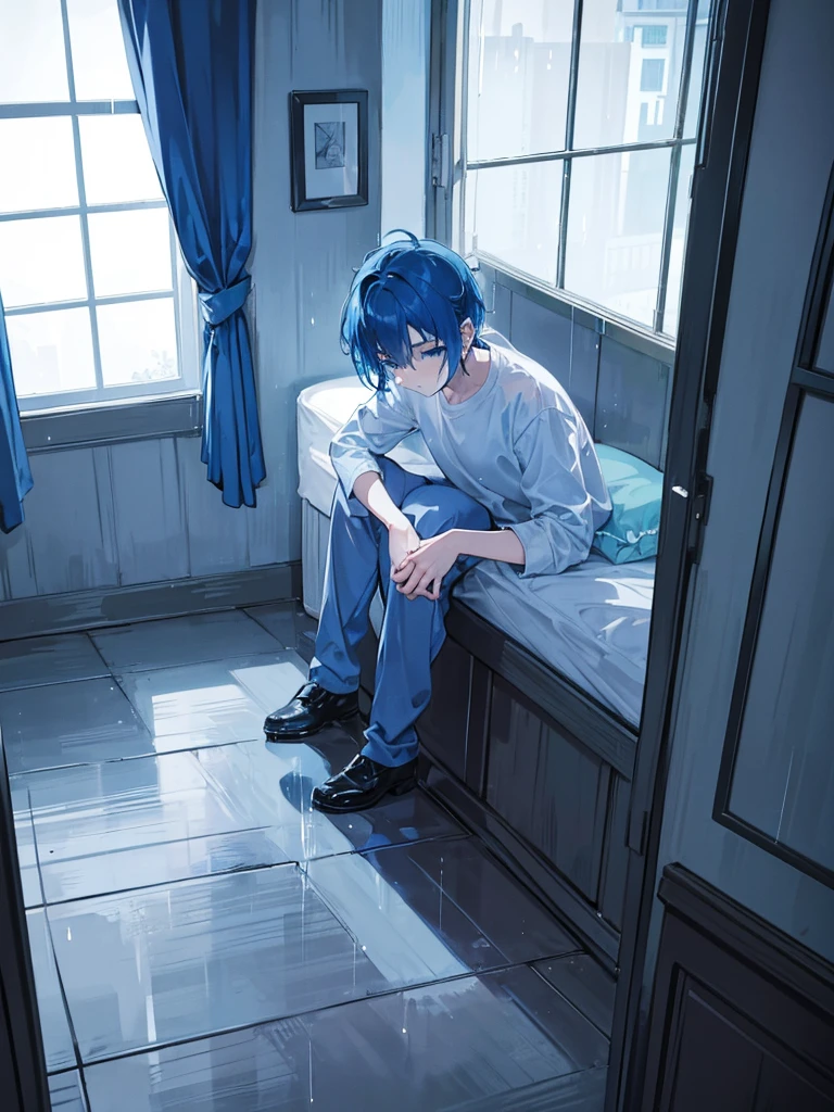 A sad alone depressed boy sleeping, sitting on his bed,watching over the window on his side where it is heavily raining.alone in his room sleeping,sitting and standing.blue hair blue eyes
