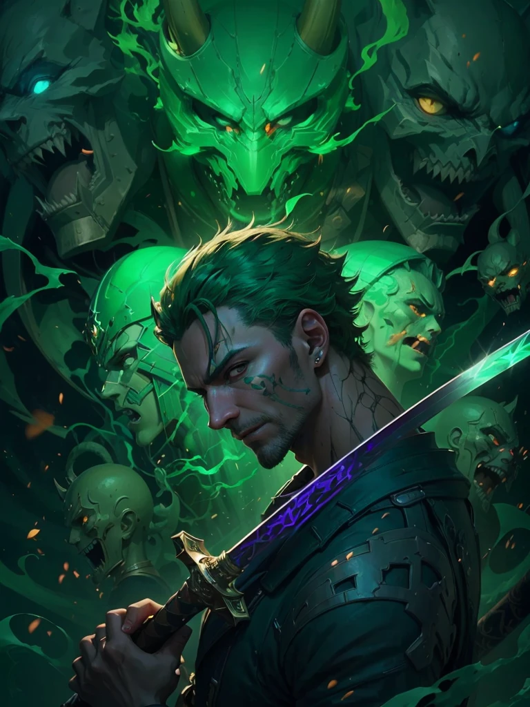 anime character with green hair holding a sword surrounded by skulls, roronoa zoro, badass anime 8 k, anime epic artwork, demon slayer artstyle, anime art wallpaper 4k, anime art wallpaper 4 k, 4k anime wallpaper, anime wallpaper 4 k, anime wallpaper 4k, anime art wallpaper 8 k, 4 k manga wallpaper, anime wallaperLoki, the mischievous and enigmatic Asgardian, stands in a dynamic pose, reminiscent of Yu-Gi-Oh card artwork, wearing his signature green armor from the Marvel Universe. The image captures the essence of the Yu-Gi-Oh card style, blending it seamlessly with Loki's character. Loki's armor retains its iconic emerald-green color, but now exhibits vibrant hues and shading techniques commonly seen in Yu-Gi-Oh card illustrations. The green armor shimmers and glows with a magical energy, emphasizing its mystical nature. The details and highlights on the armor are accentuated, giving it a sense of depth and dimension. In true Yu-Gi-Oh fashion, intricate patterns and markings adorn Loki's armor. These designs incorporate fantastical elements, such as runic symbols and arcane motifs, which are commonly featured on Yu-Gi-Oh cards. The patterns flow gracefully across the armor, emphasizing Loki's connection to magic and the supernatural. To further enhance the Yu-Gi-Oh aesthetic, Loki's helmet is transformed into an ornate masterpiece. It now boasts additional golden accents, intricate filigree, and glowing gemstones, reminiscent of legendary artifacts found on Yu-Gi-Oh cards. The helmet's design evokes a sense of majesty and power, making Loki appear even more formidable. 
INFO --auto