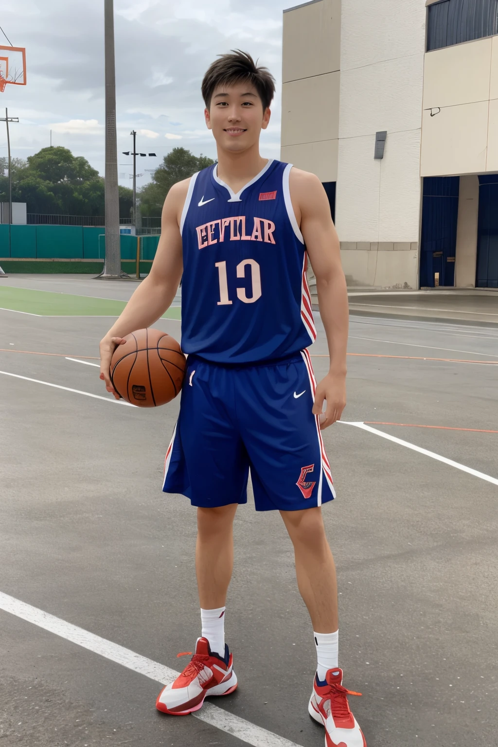 Full body portrait of a Handsome Asian basketball player, running in an indoor basketball court
