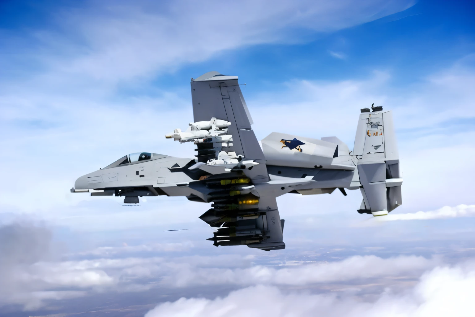 A large jet plane carrying missiles is flying in the sky, United States Air Force, Fighter drone, Fighters, Military drones, Cyborg Aircraft Parts, it has six thrusters in the back, Valkyrie Fighter, fighter jet in flight, Armor-piercing missiles, aircraft, Fighters, Strafing attack aircraft, 3/4 View from below, Jet fighter