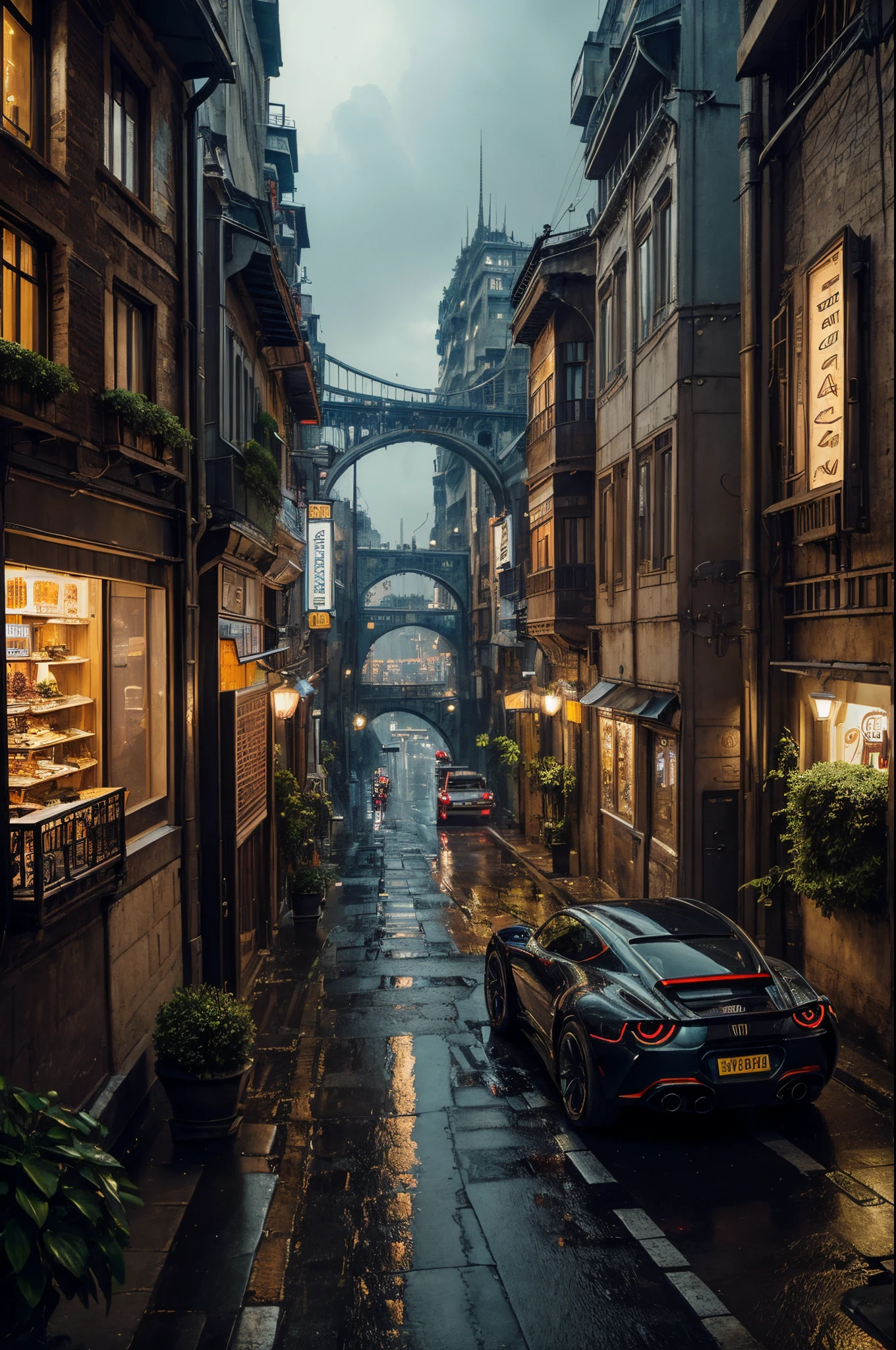 ((masterpiece)),((best quality)),((high detail)),((realistic,)) Futurist era city, deep gorges in the middle, architectural streets, bazaars, bridges, cyberpunk, European architecture, rainy night, neon, futuristic cars hovering on the street.