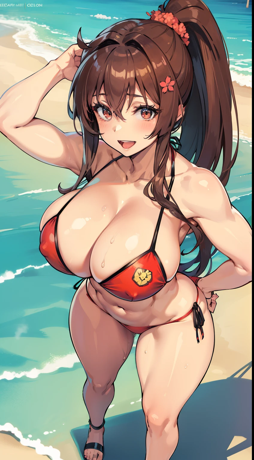 Open mouth, A MILF,Huge breasts,cleavage,wide hips,Ponytail,Brown hair,Brown eyes,Solo,micro red bikini,resort beach,Smile,Shiny body,,Wet body,sweat body,standing,looking at viewer,full body,hair ornament