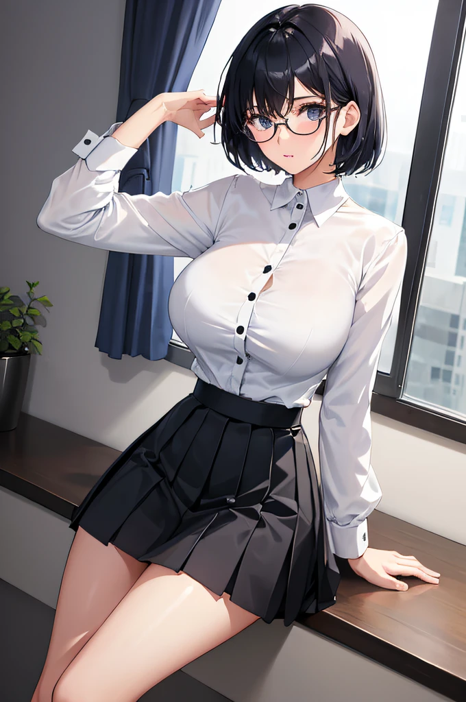 1 girl, (slim body:1.3), big breasts, black hair, short hair, white shirt, navy blue pleated skirt, glasses, neat and clean,