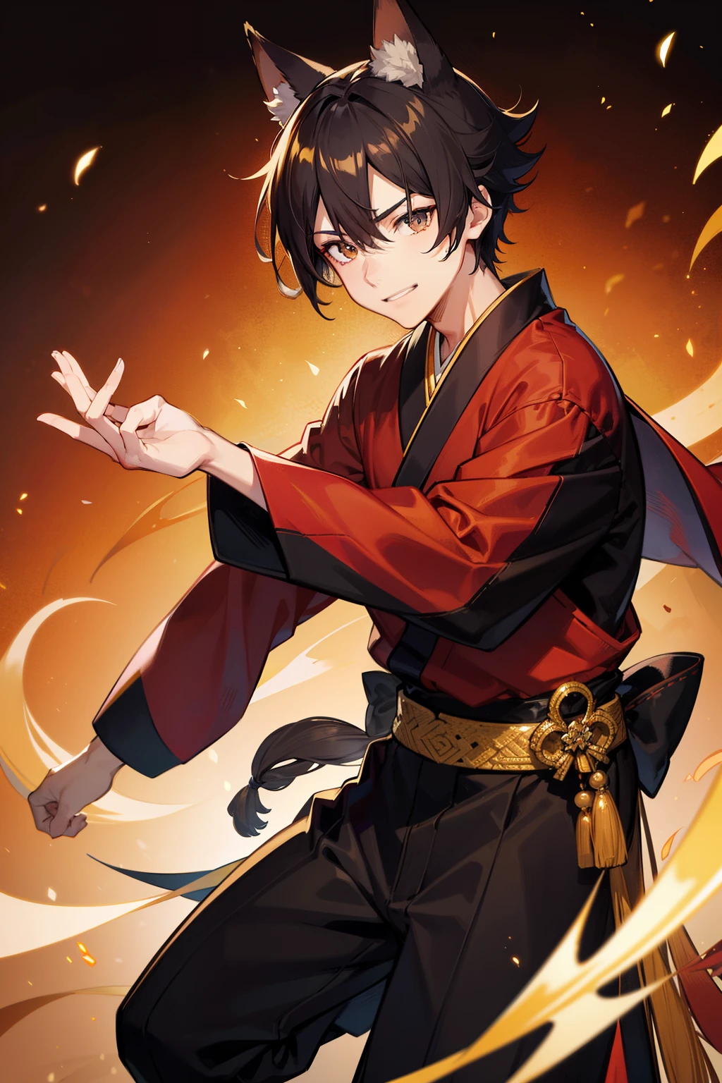 (high-quality, breathtaking),(expressive eyes, perfect face), 1boy, male, solo, young adult, black hair , gold coloured eyes, gentle smile, short hair, loose hair, hair between eyes, japanese clothing, red shirt with a gold and black trim, black pants, brown belt, black fox ears on top of his head, wears a japanese fox mask on the side of his head, patterns on kimono, masculine face, hair covers ears