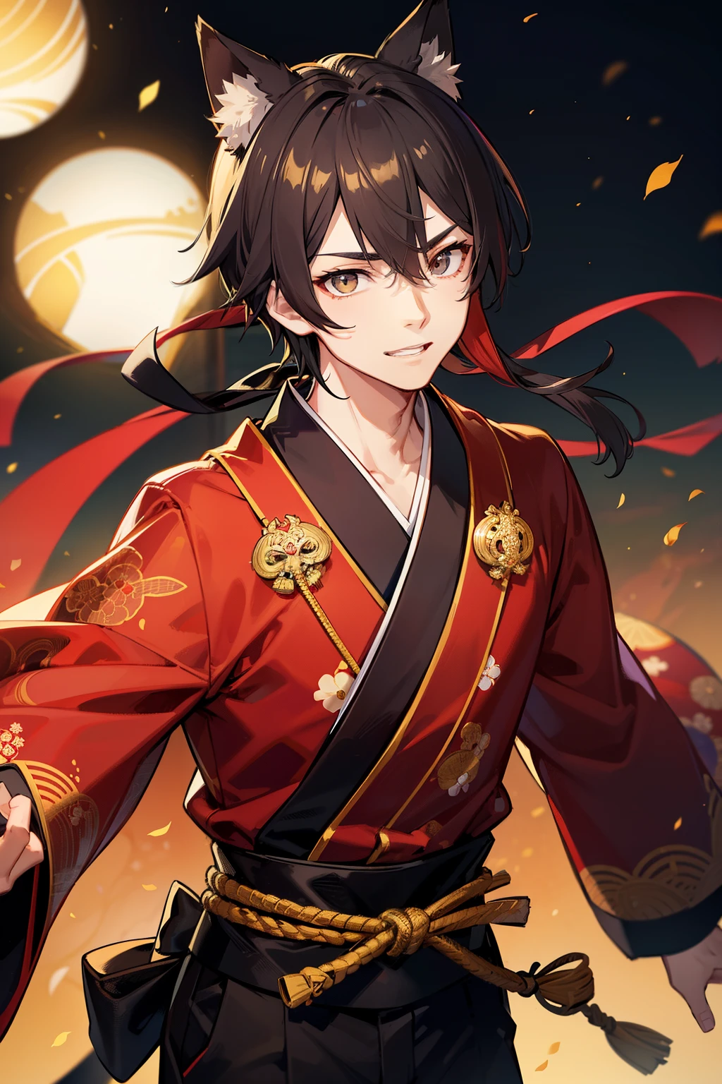 (high-quality, breathtaking),(expressive eyes, perfect face), 1boy, male, solo, young adult, black hair , gold coloured eyes, gentle smile, short hair, loose hair, hair between eyes, japanese clothing, red shirt with a gold and black trim, black pants, brown belt, black fox ears on top of his head, wears a japanese fox mask on the side of his head, patterns on kimono, masculine face, hair covers ears