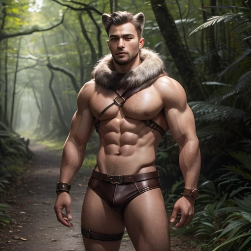 very attractive 23 year old man, fit, stunning, v-shaped torso, small waist, high cheekbones, defined jaw, youthful, dark short hair, brown leather harness, brown leather briefs, several brown leather leg and arm bands, gray furry wolf ears, gray furry wolf tail coming out from behind him, ultra realism. mid shot, in a forest, fantasy character, druid, standing, image starts mid-thigh, can see hairy chest, can see 6-pack abs, strong but kind looking, hero