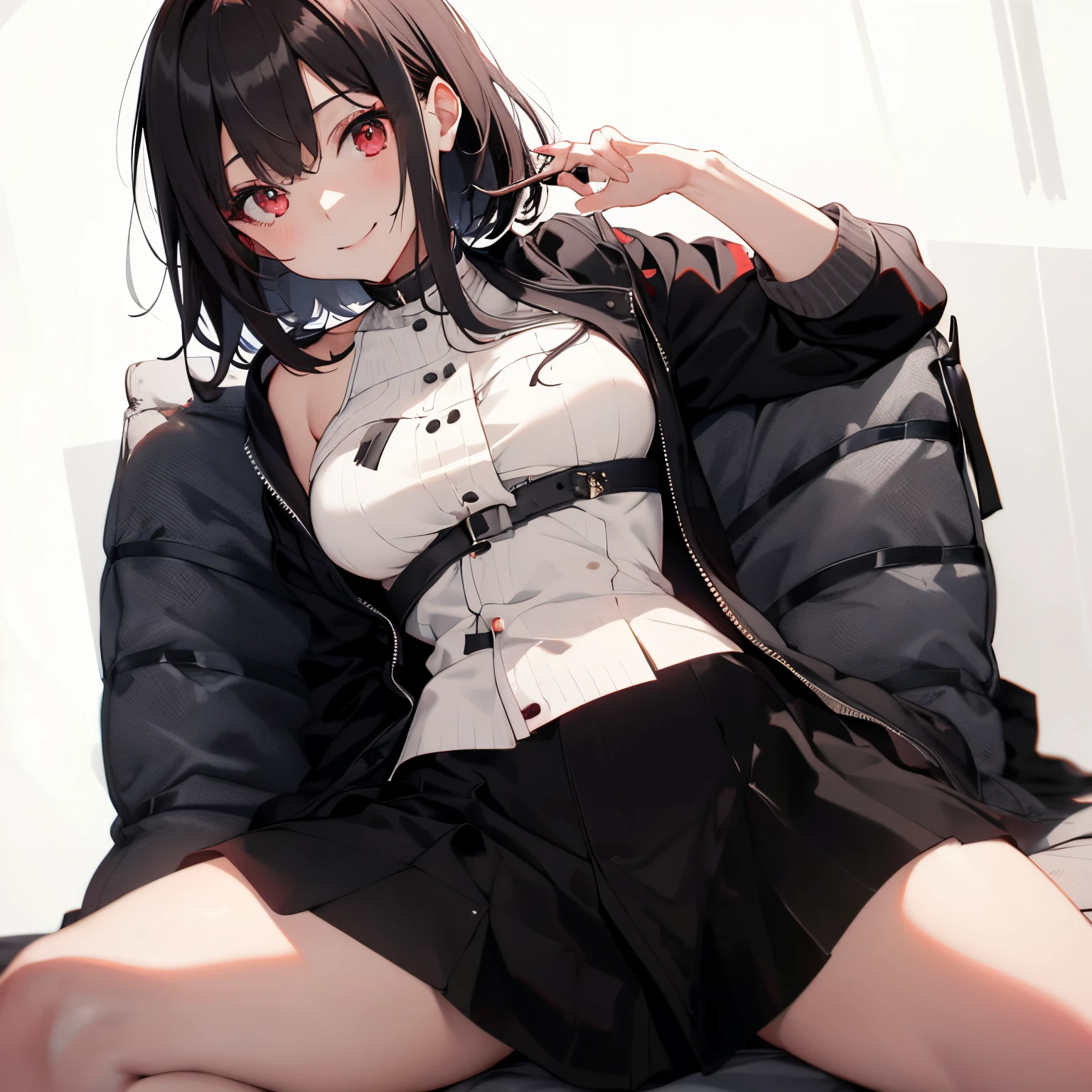 【Highest Quality, masutepiece】 [girl, Manteau, expressioness, wine red eyes, front facing, dark brown hair, Slender beauty,straight haired, short hair ,jacket,breast,Upper body] (Gray white background:1.5), smile
