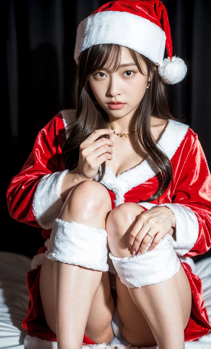 ulzzang -6500-v1.1, (Raw foto:1.2), (Photorealsitic:1.4), a beautiful detailed girl, extremely detailed eye and face, beatiful detailed eyes, Ridiculous, unbelievable Ridiculous, huge filesize, ultra-detailliert, hight resolution, ighly detailed, top-quality, masterpiece, Kemomimi, ((miniskirt santa claus costume)), illustratio, ighly detailed, nffsw, unification, 8k wallpaper, astonishing, finely detail, masterpiece, top-quality, Highly detailed ticker uniform 8K wallpaper, face lights、Cinematographic lighting、1girl in、17 age、(witheout panties)、((dynamicposes)))、(camel's toe)、(half)、、(Crooked knees and legs sitting))