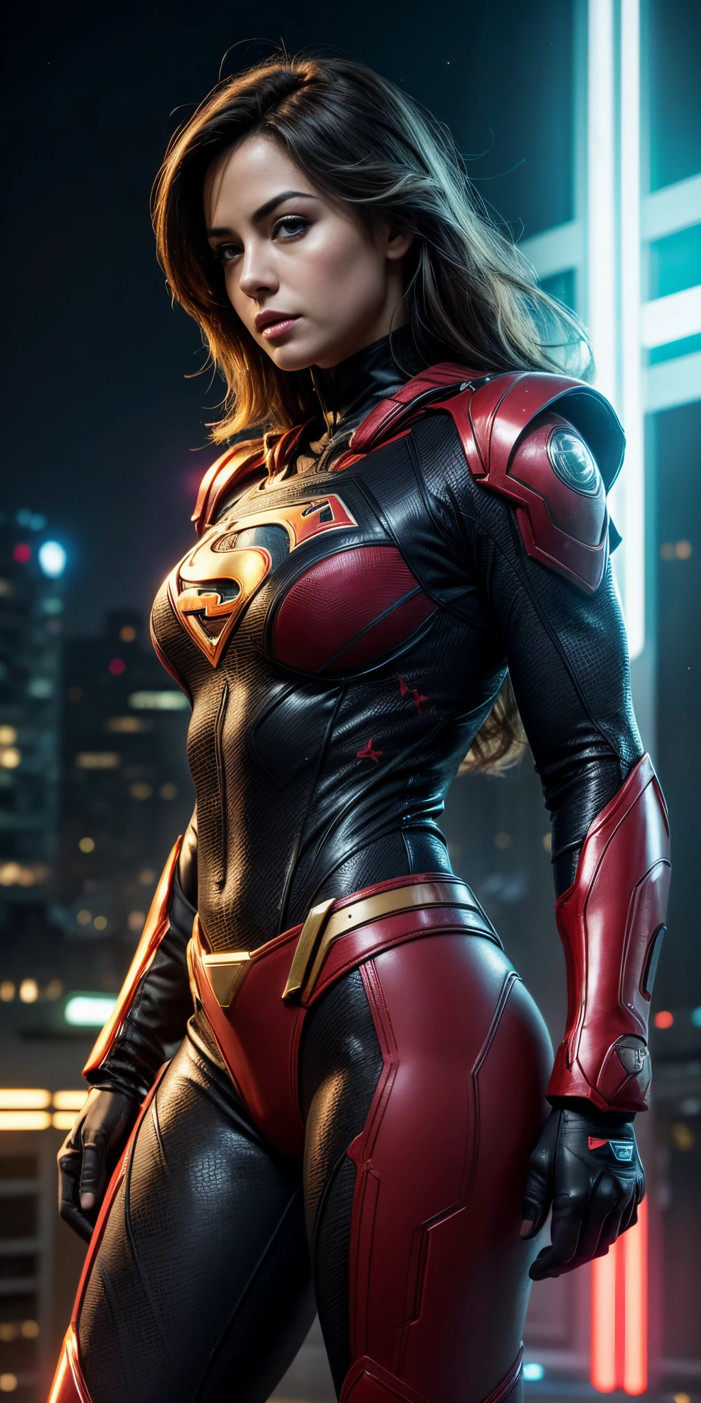midshot, cel-shading style, centered image, ultra detailed illustration of Erica Durance, (tetradic colors), full body, inkpunk, ink lines, light particles, strong outlines, art by MSchiffer, bold traces, parted lips, Com tight Supergirl modern suit , Cyberpunk, g、pele brilhante, ((Detalhes super realistas))、portlate、global ilumination、sombra、Octane Representation、8k、ultrasharp、Luz de borda de caractere, Seios grandes, big booty、Raw skin is exposed on the neckline、Apocalyptic City of Fire, Detalhes de ornamentos complexos、Transparent acrylic parts cover、Sumer Detailed Hydraulic Cylinders、small LED lamp、Detalhes muito intrincados、Luz realista、um olho purpura、olhos radiantes、in front of camera、Neon details, Cyberpunk ,mais alta qualidade、obra prima、超A high resolution、(fotorrealista:1.4)、Foto RAW