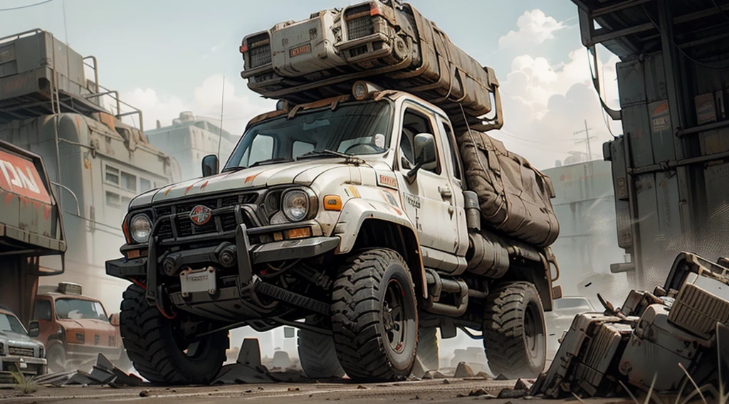 "Ural-4320, square body shapes, A Bleak Future, large truck,full-shot,Full view,Sci-fi post-apocalyptic truck, Modulated by a life support module, Surrounded by a gray desert, Full-face view, future, Sateen, storm: hiquality, ultra detialed, Brutal "