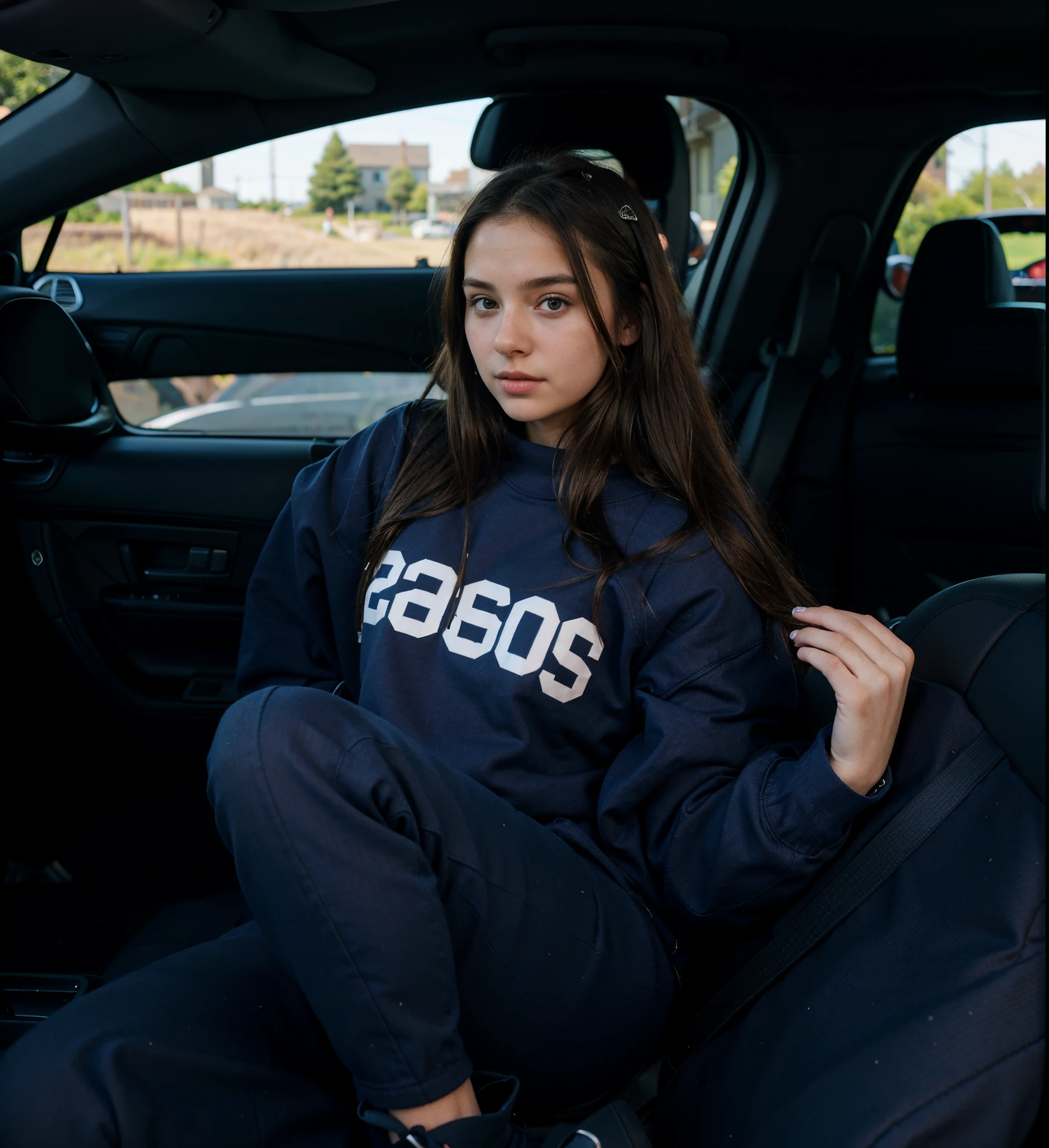 arafed woman sitting in the back seat of a car with her legs crossed, sitting in her car, wearing sweatshirt, she is about 1 ***********, in a navy blue sweater, casual pose, profile shot, looking cute, good young girl, kailee mandel, 19-year-old girl, teen girl, full length shot, looking hot