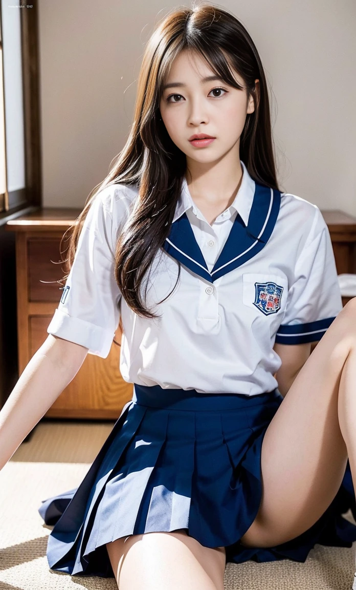ulzzang -6500-v1.1, (Raw foto:1.2), (Photorealsitic:1.4), a beautiful detailed girl, extremely detailed eye and face, beatiful detailed eyes, Ridiculous, unbelievable Ridiculous, huge filesize, ultra-detailliert, hight resolution, ighly detailed, top-quality, masterpiece, Kemomimi, ((Japanese girls' high school uniform)), illustratio, ighly detailed, nffsw, unification, 8k wallpaper, astonishing, finely detail, masterpiece, top-quality, Highly detailed ticker uniform 8K wallpaper, face lights、Cinematographic lighting、1girl in、sixteen years old、(witheout panties)、((dynamicposes)))、(camel's toe)、(half)、、(Crooked knees and legs sitting))