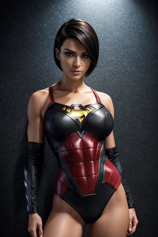 4k highly detailed realistic female superhero from dc comics, black short undercut bob hairstyle, ((sharp Jawline)), (full body Including Legs), Seduction and fantastic poses