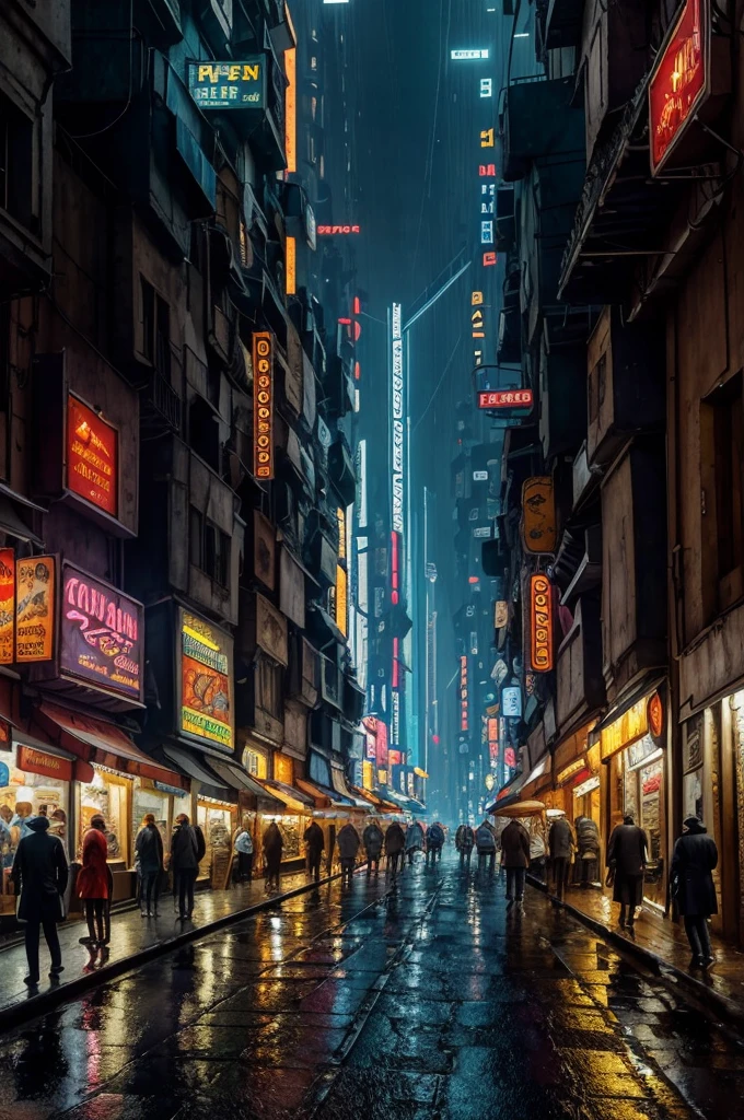 ((masterpiece)),((best quality)),((high detail)),((realistic,)) Futurist era city, deep gorges in the middle, architectural streets, bazaars, bridges, cyberpunk, European architecture, rainy night, neon, futuristic cars hovering on the street.some people walking on the pedestrians. Spielberg movies scene