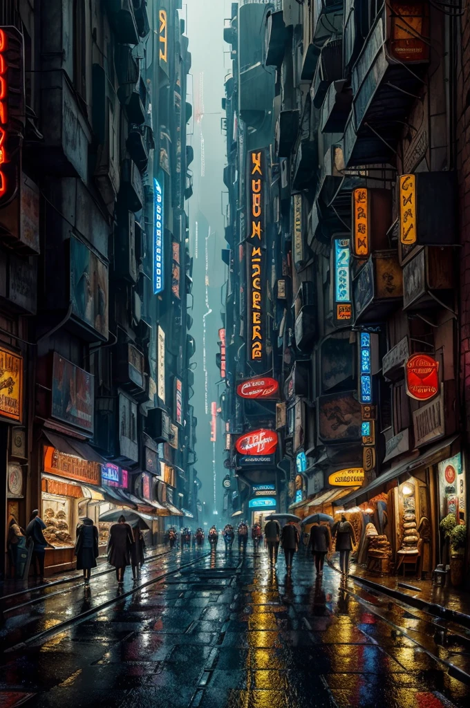 ((masterpiece)),((best quality)),((high detail)),((realistic,)) Futurist era city, deep gorges in the middle, architectural streets, bazaars, bridges, cyberpunk, European architecture, rainy night, neon, futuristic cars hovering on the street.some people walking on the pedestrians. Spielberg movies scene