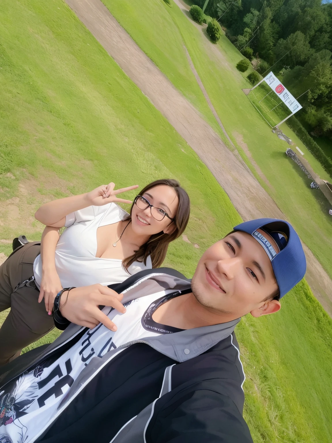 they are standing in a field with a man and a woman, vacation photo, couple, at a park, couple pose, selfie photo, taken on go pro hero8, selfie, park in background, happy couple, at racer track, wining, shot on gopro9, selfie shot straight on angle, lovely couple, in a park, photo taken with canon 5d