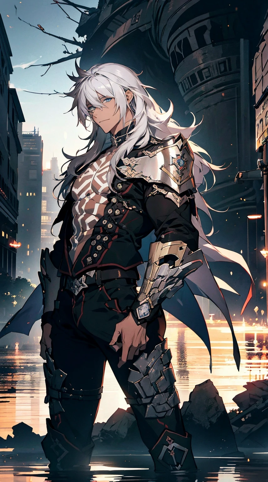 ****ung Man、ssmile、Solo, in fighting、gray long hair、verd s eyes、beautidful eyes、Serious、Best Quality、８Ｋ、In the ruins of the night