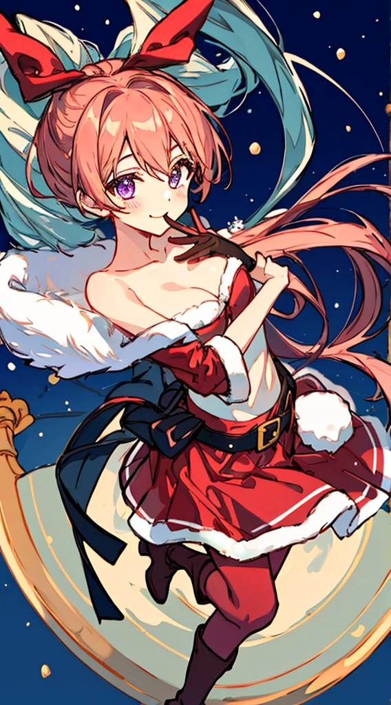 full_body, perfect_anatomy, hands_perfect, beautiful_skin_x4, dynamic_lighting, shadow_blurringx4, perfect_hands, fine_fingers, erotically_cute, masterpiece, ((Composition seen up close))、Top image quality、Top resolution、​masterpiece, 1girl :d alternate_costume ameno_ame bag bare_shoulders belt black_pantyhose blue_background blush boots box breasts brown_belt christmas christmas_tree cleavage collarbone commentary_request dress elbow_gloves eyelashes finger_to_mouth floating_hair foot_out_of_frame fur-trimmed_dress fur-trimmed_gloves fur_trim gift gift_bag gift_box gloves hair_between_eyes hands_up highres holding holding_bag index_finger_raised long_hair looking_at_viewer mitsukasa_ayase open_mouth pantyhose pink_hair pom_pom_(clothes) purple_eyes riddle_joker santa_boots santa_dress santa_gloves short_dress simple_background small_breasts smile snowflakes solo standing standing_on_one_leg strapless strapless_dress very_long_hair white_fur wing_hair_ornament, high resolution, erotic cute, cute and erotic appearance, best quality, highres, absurdres, (NSFW:1.0)
