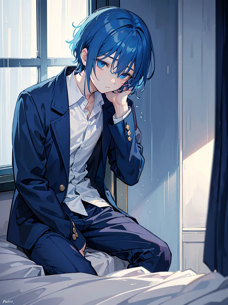 A sad alone depressed boy sleeping, sitting on his bed,watching over the window on his side where it is heavily raining.alone in his room sleeping,sitting and standing.blue hair,blue eyes,wearing blue balck jacket coat and pants