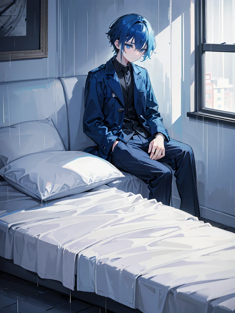 A sad alone depressed boy sleeping, sitting on his bed,watching over the window on his side where it is heavily raining.alone in his room sleeping,sitting and standing.blue hair,blue eyes,wearing blue balck jacket coat and pants